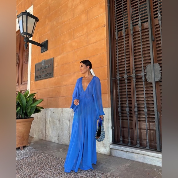 ASOS EDITION ruched gathered waist chiffon maxi dress in bright blue - Picture 7 of 10